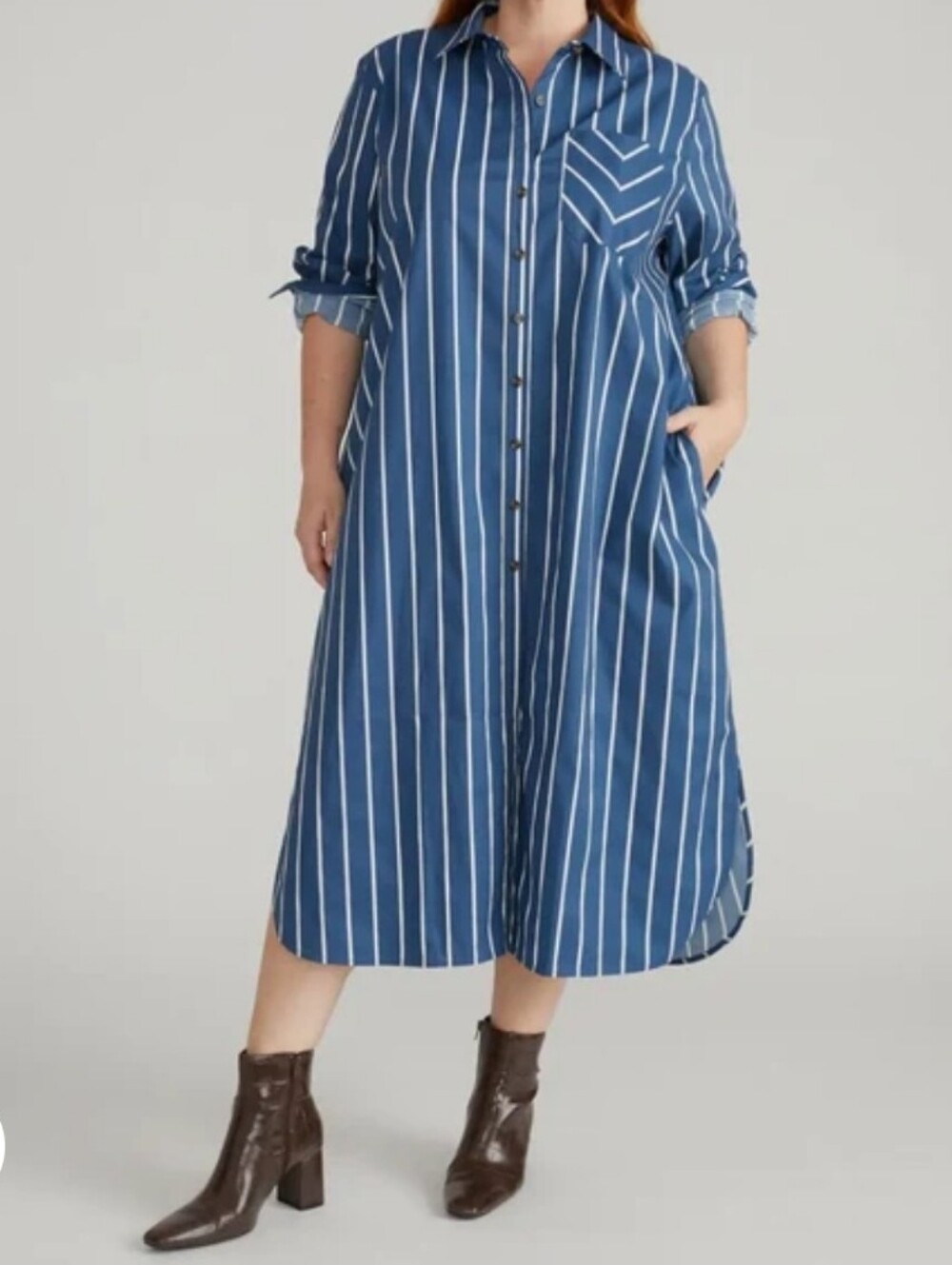 Universal Standard Odeon Stretch Blue White Stripe Shirtdress